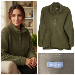Aerie x American Eagle Sz S Olive Green Teddy Fleece Snap Collar Sweater